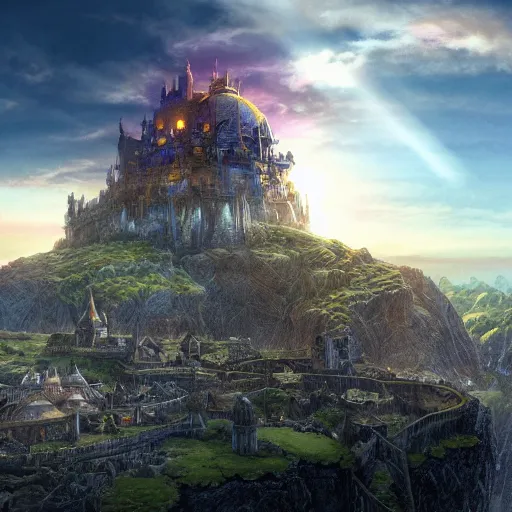 Image similar to large fantasy castle rising from the top of a giant tortoise, towering over a harsh wasteland with sharp rays of sunlight, howls moving castle, mortal engines, kaiju, distant - mid - shot, fantasy, hyper detailed, 4 k