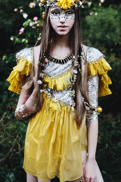 Prompt: light bohemian pinterest sofia coppola floral fantasy fashion zine photography, teen magical girl girl styled in a yellow and silver patterned bright dress layers geometric festival face paint and ornate crystal chain jewelry headpiece, elaborate enchanted ritual scene, wide shot