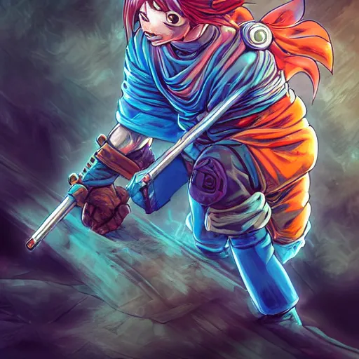 Image similar to Photorealistic crono trigger in the style of Michael Whelan and Akira toriyama. Hyperdetailed photorealism, 108 megapixels, amazing depth, glowing rich colors, powerful imagery, psychedelic Overtones, 3D finalrender, 3d shading, cinematic lighting, artstation concept art