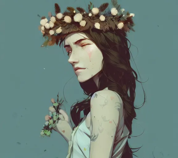 Image similar to portrait of forest godess with flower crown, by atey ghailan, by greg rutkowski, by greg tocchini, by james gilleard, by joe fenton, by kaethe butcher, by ashley wood, dynamic lighting, gradient light blue, brown, blonde cream and white color scheme, grunge aesthetic