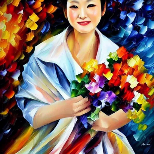 Image similar to a leonid afremov oil painting of zhang zi yi