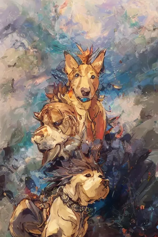 Prompt: maximalist intimidating dog, trending on pixiv fanbox, painted by makoto shinkai takashi takeuchi studio ghibli, akihiko yoshida, yoshitaka amano, wangechi mutu, clean cel shaded vector art. shutterstock. behance hd by lois van baarle, artgerm, helen huang, rossdraws, illustration