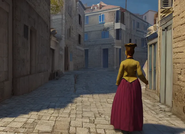 Image similar to a woman in a fed skirt walking the narrow streets of athens, painted by, mc escher, gordon onslow ford, georgia o'keeffe and ivan aivazovsky, cinematic light, god rays, colourful, unreal engine, zbrush central,