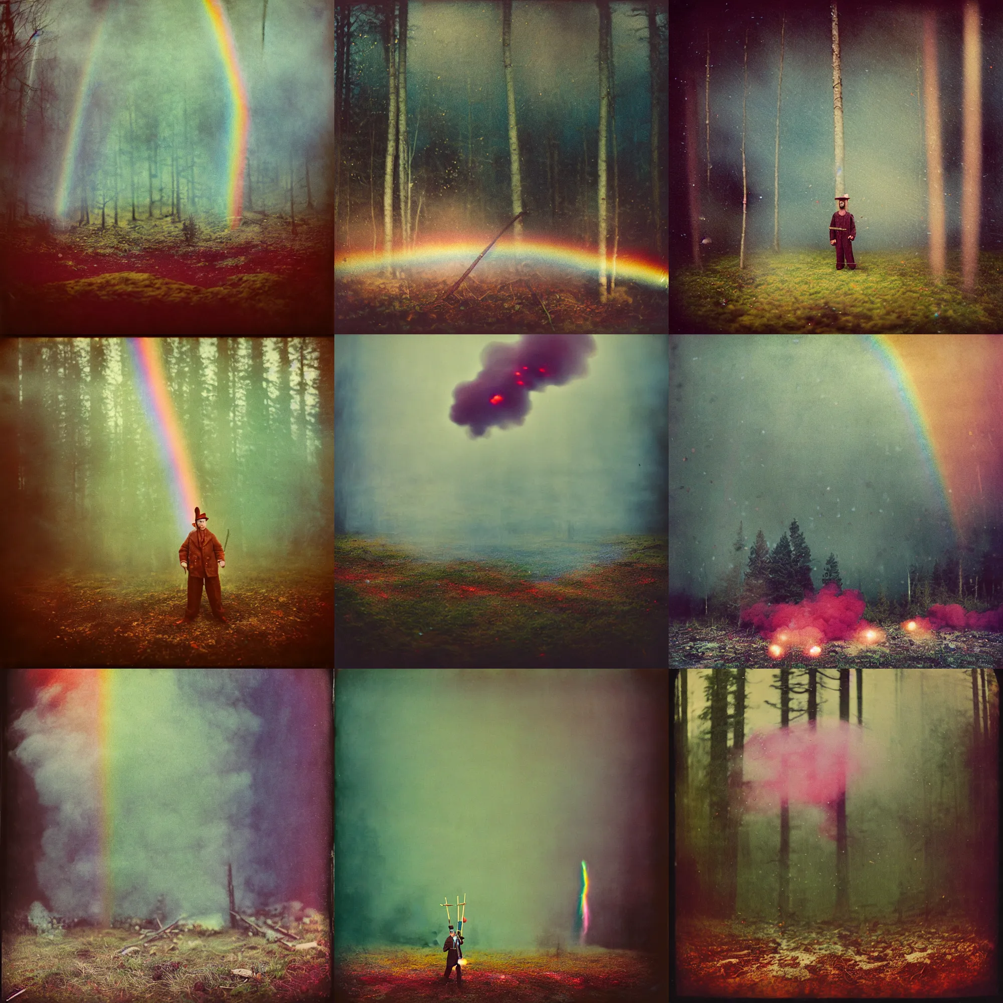 Prompt: kodak portra 4 0 0, wetplate, muted colours, blueberry, 1 9 1 0 s style, motion blur, portrait photo of a backdrop, explosions, rockets, bombs, sparkling, lumberjack, forest, snow, rainbow coloured fog, by georges melies and by britt marling