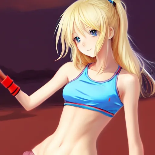 Image similar to a very beautiful young anime tennis girl, long blond hair, full body, ( sky blue eyes ), ( full round face ), short smile, bikini, miniskirt, highly detailed, cinematic wallpaper by stanley artgerm lau