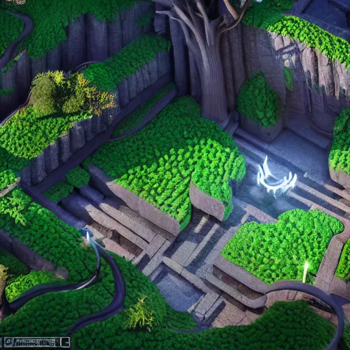 Image similar to incredible game level design, isometric view, lothlorien, trees, lights, fantasy, 8k, unreal engine