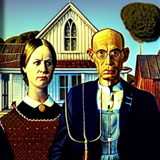 Image similar to A couple of astronauts in the setting of the painting American Gothic