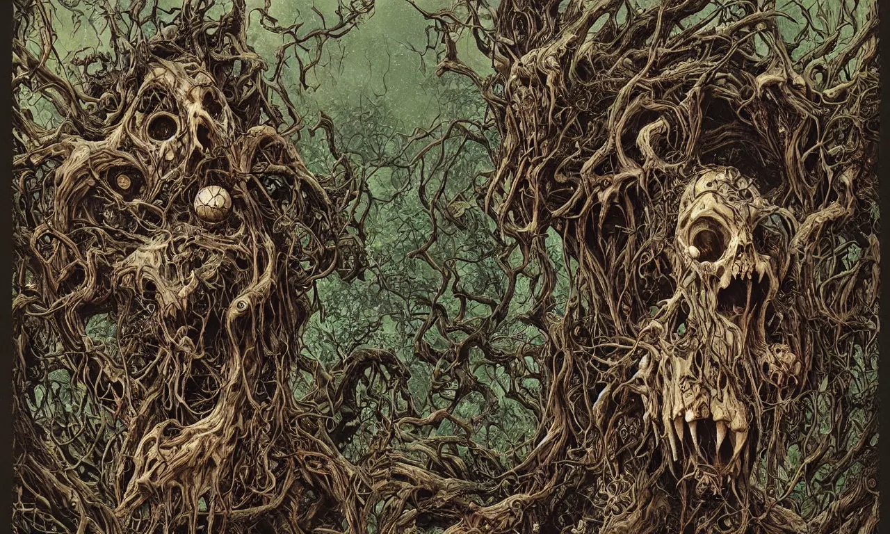 Image similar to hyperdetailed art nouveau portrait of treebeard as a chimera eyeball skull dragon monster, by micheal whelan, simon bisley and bill sienkiewicz, grim yet sparkling atmosphere, photorealism, thorns, claws, teeth, fangs, night in the forest, wild, crazy, scary, horror, lynn varley, lovern kindzierski, steve oliff