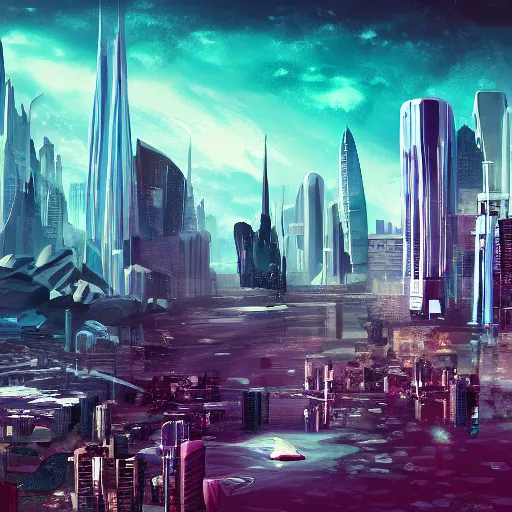 Image similar to an expansive futuristic cityscape underwater