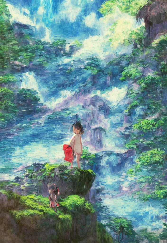 Image similar to tiny mononoke spirit in front of a japanese city in the mountain surrounded by waterfall. cyberpunk, boats flying. beautiful blue sky. gorgeous epic nature, lofi, vivid colors, amazing light, by jeremy lipkin, by claude monet, heavily inspired by makoto shinkai, inspired by ghibli, masterpiece, multiple brush strokes, impressionist style