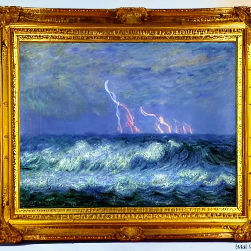 Prompt: a stormy sea with large waves and lightning in the sky, oil painting, impressionist, monet