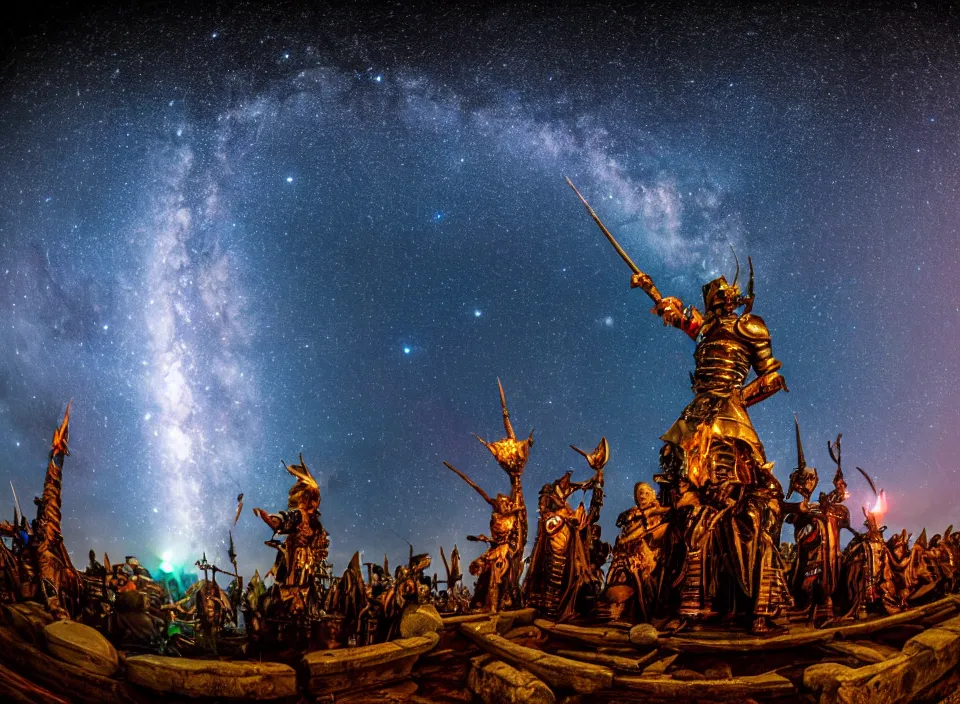 Prompt: Fisheye lens way too close of the large glowing futuristic warrior statue towers over the the chanting tribesmen worshipping in the center of their village. 1100 AD. The Milky Way Galaxy is visible in the night sky along with many constellations and nebulas. Cinematic, Award winning, ultra high resolution, intricate details, UHD 8K. Hidden message.