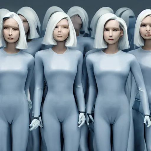 Prompt: troop ofcloned women with white bob hairdos, tight light blue neopren suits, futuristic production facility, sci - fi, highly detailed, cinematic