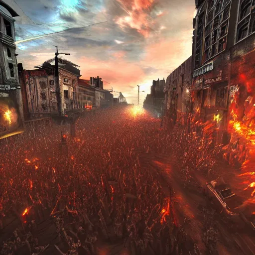 Image similar to city of hell, heavy metal rock city of hell, people in the city headbanging and marching like they do in a moshpit, realistic, hdr, clear image, hdd, dynamic lighting, rtx on,