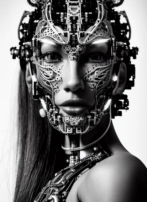 Image similar to a stunning young female cyborg profile face, face is made intricate tribal bio - mechanical, editorial photography, bw, shot on 7 0 mm, depth of field, f / 2. 8, high contrast, 1 6 k, rays of shimmering light, volumetric lighting, shiny, insanely detailed and intricate, hypermaximalist, elegant, ornate, hyper realistic, super detailed