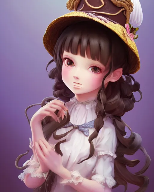 Image similar to a girl as ( fantasy personification of chocolate cupcake ), character design, cute hats, victorian inspired clothing, unreal engine, highly detailed, smooth, digital illustration by artgerm, tooth wu, studio ghibli, sharp focus, artstation. ribbons, fractal swirls. a fantasy bakery by studio ghibli, makoto shinkai, global illumination, sweets, blender, maya 8 k