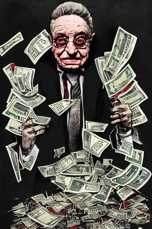 Image similar to George Soros full body shot, dollar bills Body horror, biopunk, by Ralph Steadman, Francis Bacon, Hunter S Thompson