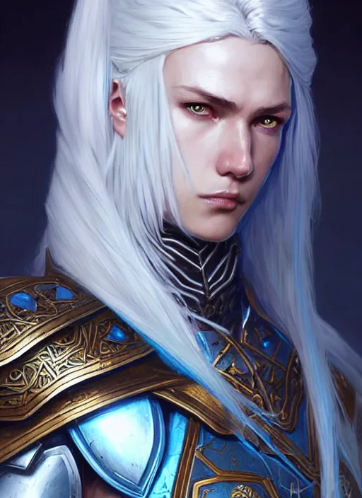 Image similar to warrior, light azure armor!!! long wild white hair!! covered chest!!! fantasy, d & d, intricate ornate details, digital painting, pretty face!!, symmetry, concept art, sharp focus, illustration, art by artgerm! greg rutkowski magali villeneuve wlop! ilya kuvshinov!!, octane render