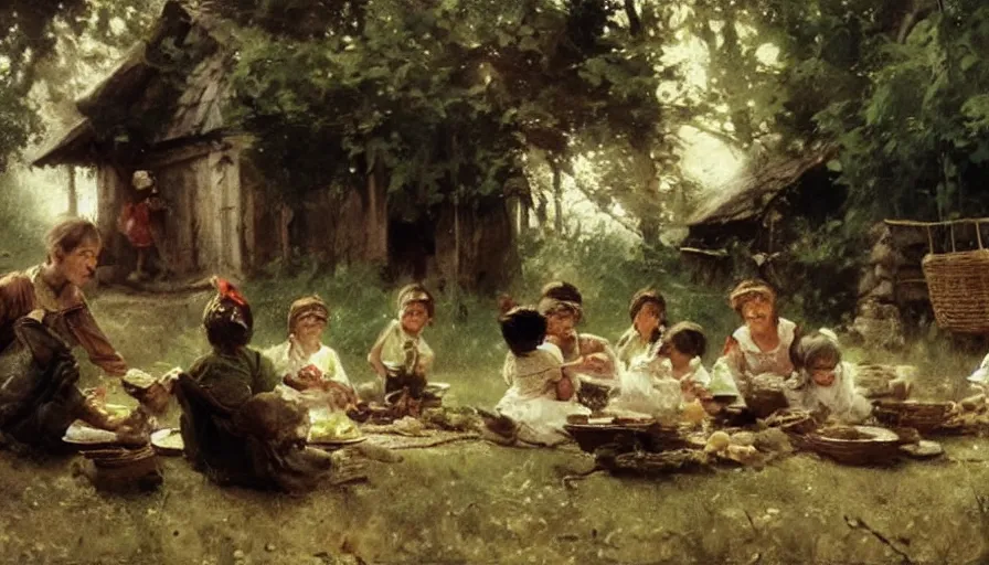 Prompt: simple villager and children about to eat a meal together, art by anders zorn, wonderful masterpiece by greg rutkowski, beautiful cinematic light, american romanticism thomas lawrence, greg rutkowski