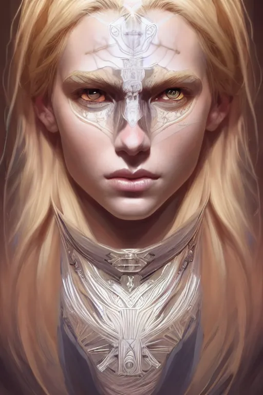 Image similar to symmetry!! portrait of a blonde haired woman in the style of god of war, machine parts embedded into face, intricate, elegant, highly detailed, digital painting, artstation, concept art, smooth, sharp focus, illustration, art by artgerm and greg rutkowski and alphonse mucha, 8 k