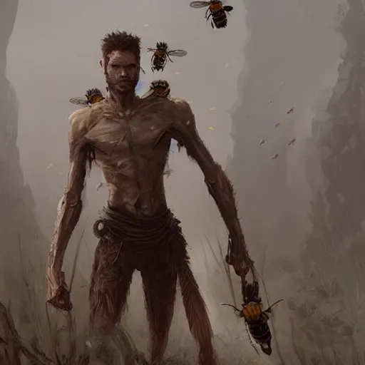 Image similar to a skinny weak hunter from Stone Age, trying to survive surrounded by bees Greg Rutkowski and Raymond Swanland, Trending on Artstation, cloudy background, ultra realistic digital art