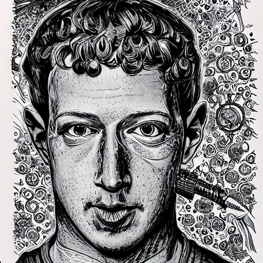 Image similar to the inner self of mark zuckerberg, clockwork engine, psychedelic, lsd, spiritual, mystical, epic beautifully detailed pen, ink and copic markers drawing by milo manara