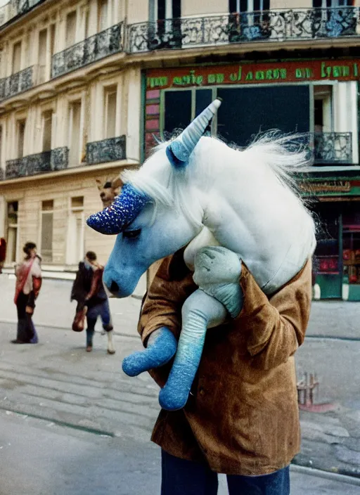 Image similar to a unicorn in paris, a cat and a piece of cabbage are bursting out of its horn, lsd, canon 5 d 5 0 mm lens kodachrome