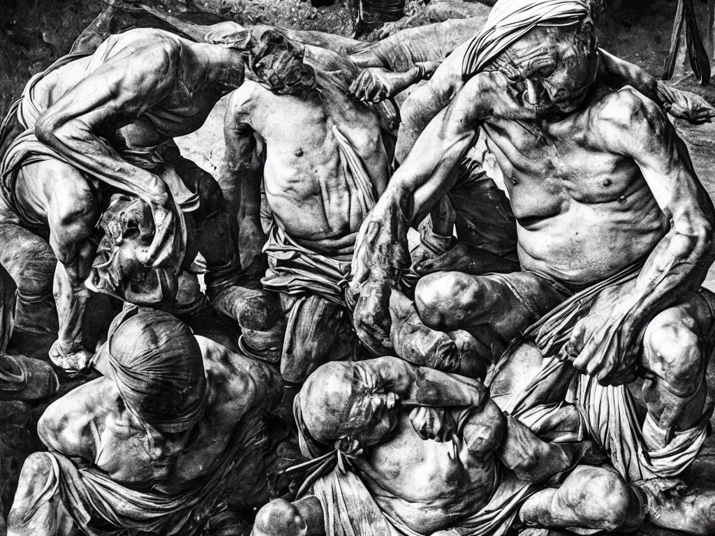 Prompt: The tired, sweaty, muscular worker of the gold mines. Painting by Caravaggio, Sebastiao Salgado