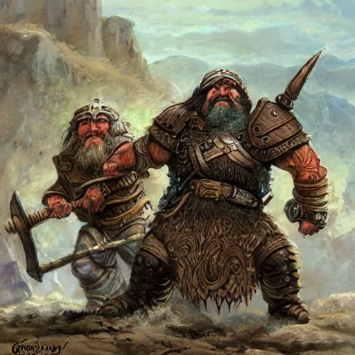 Prompt: Dwarven iron guard fighting a troll. Dnd. Epic painting by james gurney.