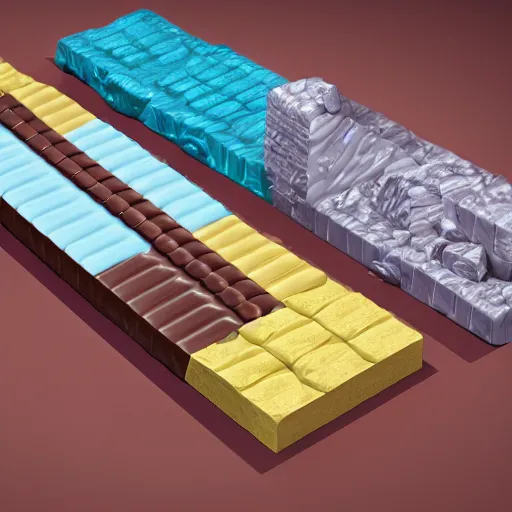 Prompt: blueprints of a section of a candy bar with 3 layers of chocolate, marzipan and nougat, by frank lloyd write, by mies van der roe, by hershey, volumetric lighting, rendered in octane, realistic shadows, 4k resolution