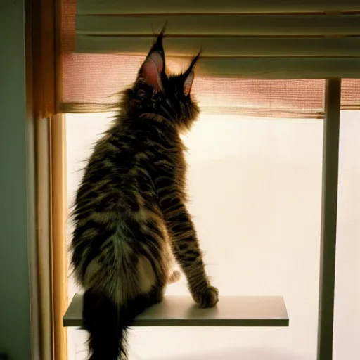 Prompt: view from the back of a backlit maine coon kitten gazing out a sunny window on a warm day. outside there are pretty flowers. 3 5 mm, f / 1 1. 0, is 1 0 0