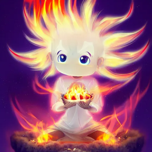 Prompt: fluffy popcorn elemental spirit anime character with a smiling face and flames for hair, sitting on a lotus flower, clean composition, symmetrical