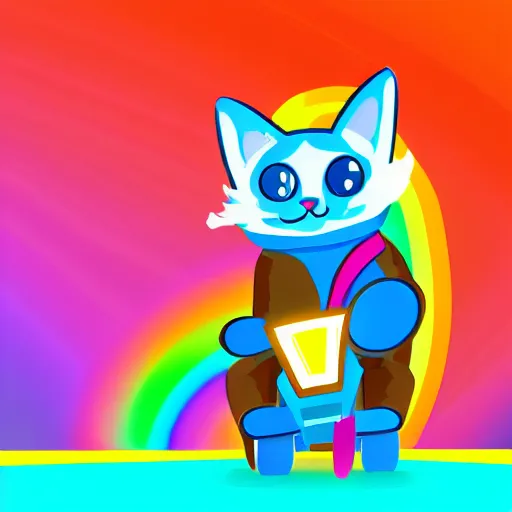 Image similar to digital illustration of a cat with wind blowing through his jacket, driving a kart through rainbow road, 4K