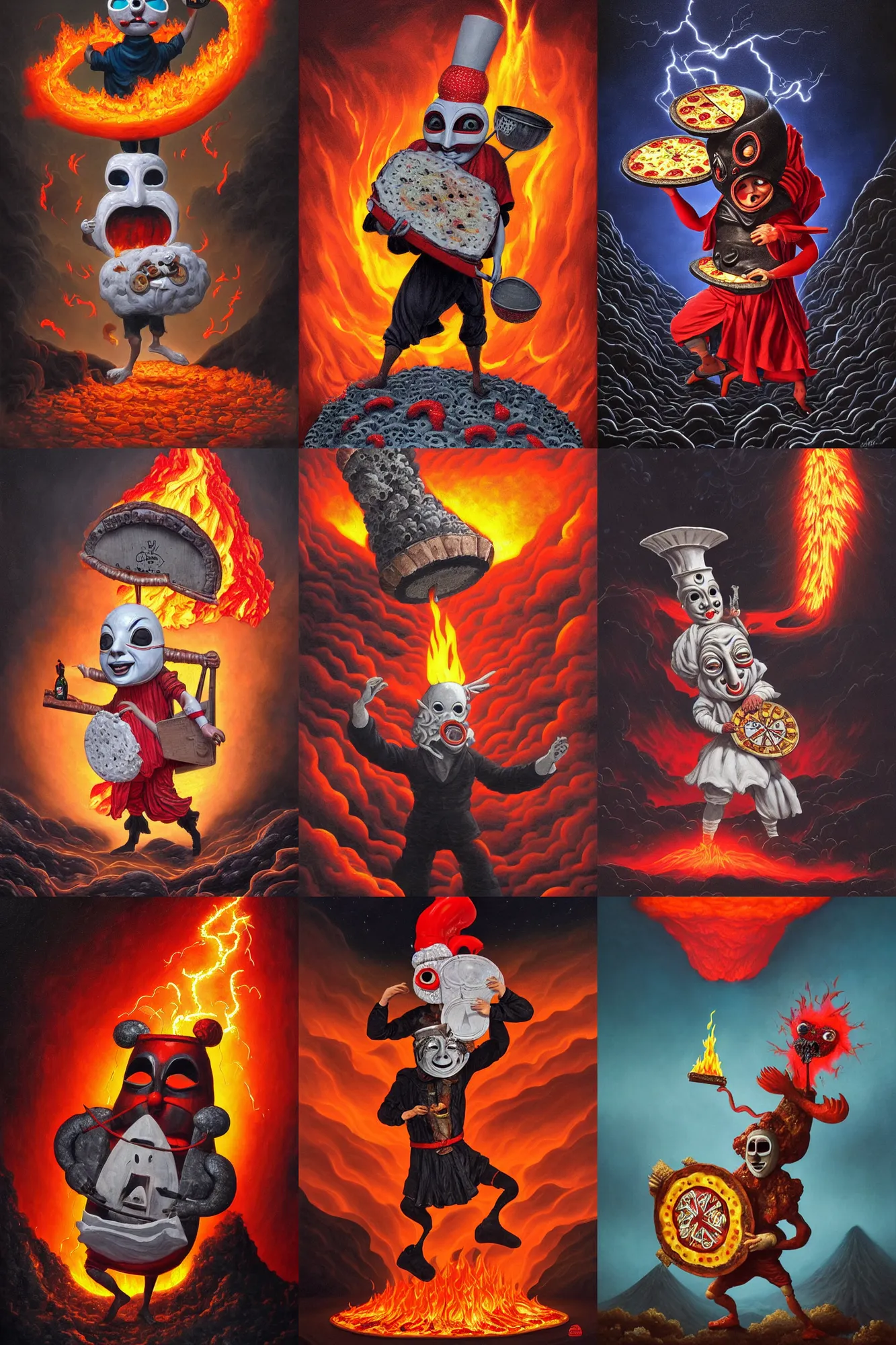 Image similar to an extremely detailed pulcinella like character wearing a mask holding a large pizza in front of a volcano spewing lava and black smoke, from below, streams of glowing hot lava, flashes of lightning in the distance, wide shot, long shot, an ultrafine detailed painting by joe fenton, deviantart, pop surrealism, whimsical