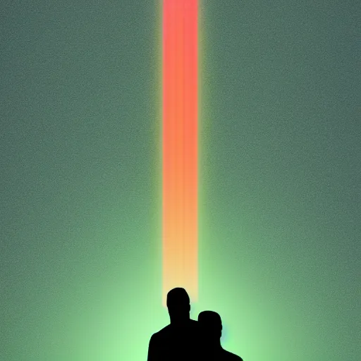 Image similar to a computer rendition by beeple, a small silhouette of a man standing in front of three : orange, green and cyan neon glowing vertical stripes, trending on artstation, 8 k resolution