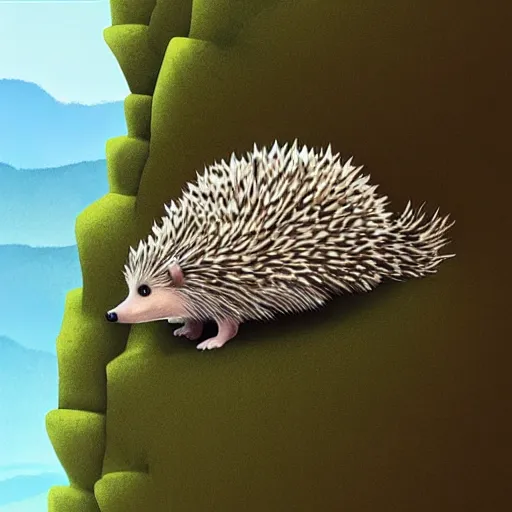 Prompt: A hedgehog on top of a mountain about to jump down the slope, from above you can see the entire forest full of trees and life, ilustration art by Goro Fujita