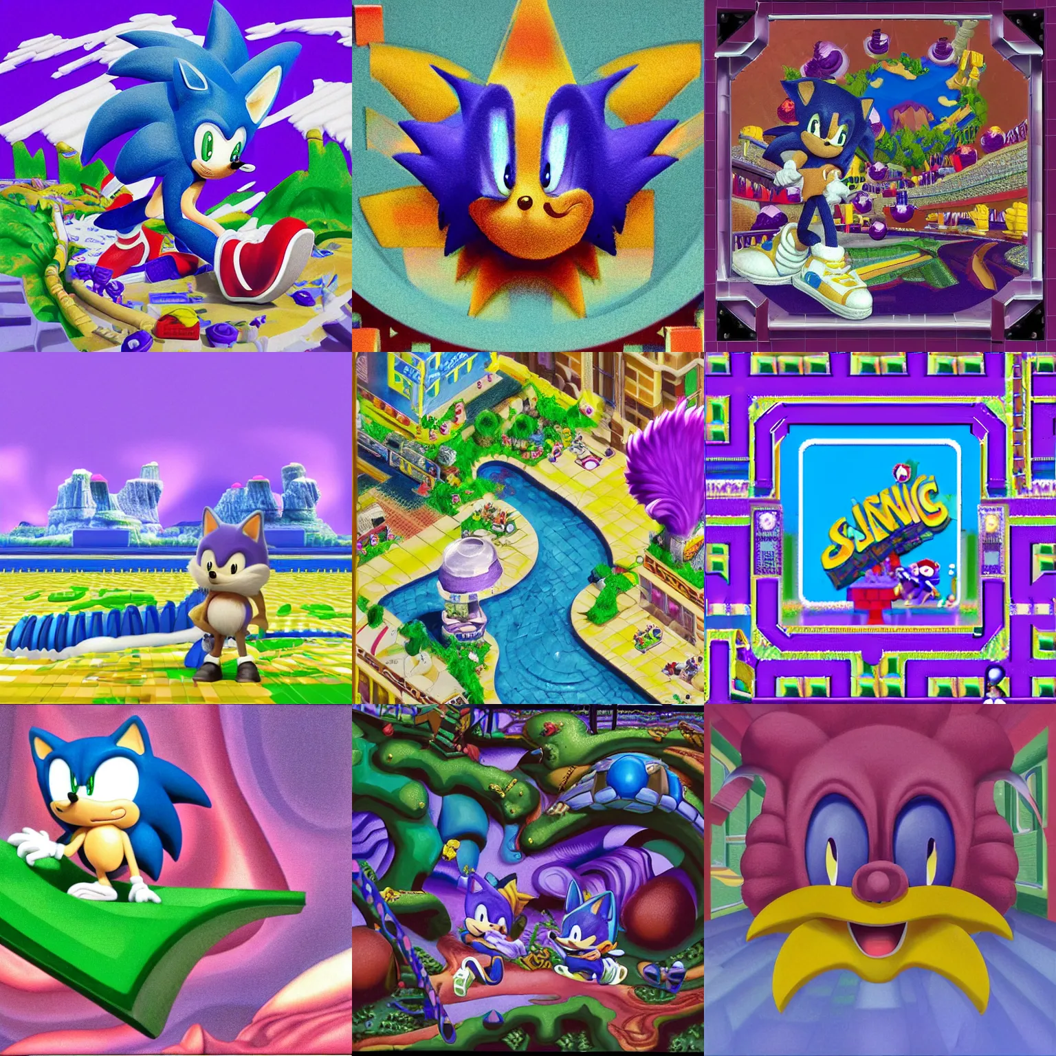 Prompt: dreaming of sonic hedgehog portrait deconstructivist claymation sega with matte painting landscape of a surreal sharp, jazz cup detailed professional soft pastels high quality airbrush art album cover of a liquid dissolving airbrush art lsd sonic the hedgehog swimming through cyberspace purple teal checkerboard background 1 9 9 0 s 1 9 9 2 sega genesis rareware video game album cover