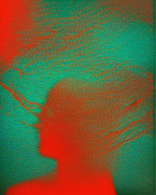 Image similar to a woman's face in the water, serene emotion, new polaroid, glitchy patterns, hazy, red, orange, yellow, soft lighting