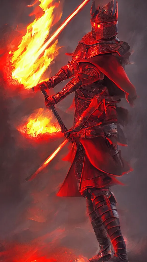 Prompt: a red knight with fire sword, volcano background, digital painting, highly detailed, intricate