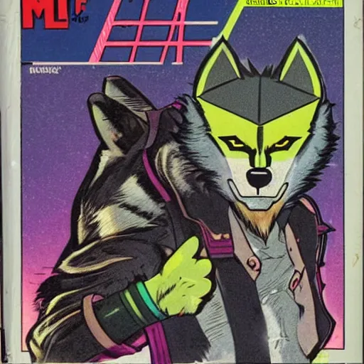 Image similar to 1 9 8 0 s comic book cover scan featuring a portrait of villain male wolf o'donnell anthropomorphic wolf furry fursona from starfox wearing a dark space mercenary uniform, dark grey wolf, handsome eyes, wolf o'donnell