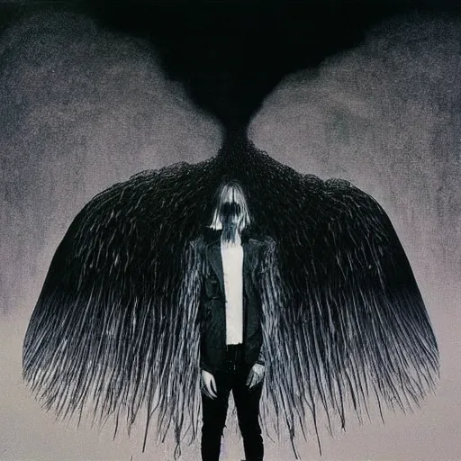 Image similar to One day, I am going to grow wings, a chemical reaction, hysterical and useless., radiohead album art cover, A photography portrait by Stanley Donwood and Zdzislaw Beksinski