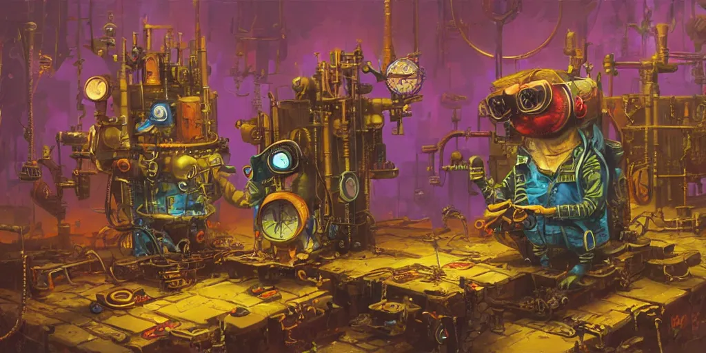 Prompt: A rat with steampunk goggles is building a steam machine, art by PAUL LEHR