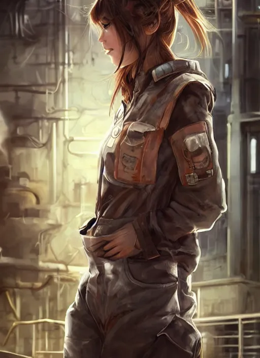 Prompt: a portrait digital painting of a young girl with hazel - brown hair. post - apocalyptic clothing. she's wearing a mechanics uniform and has been working on some large machinery. a factory background with big machines, pipes, computer monitors. painted by artgerm, ross tran.