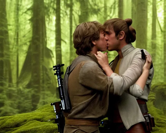 Image similar to luke skywalker, princess leia and han solo hugging and kissing in the forest of endor in a modern remake of return of the jedi