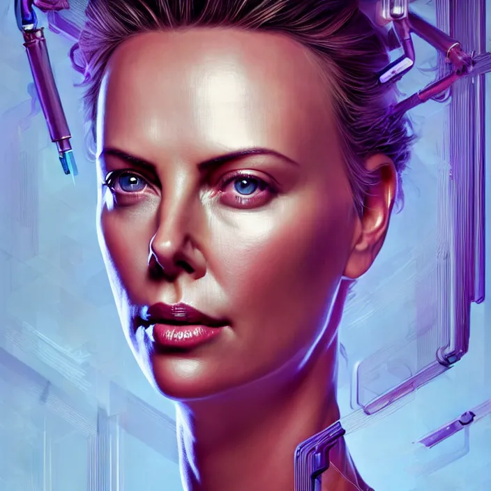 Image similar to portrait of charlize theron as a nurse. intricate abstract. intricate artwork. by tooth wu, wlop, beeple, dan mumford. octane render, trending on artstation, greg rutkowski very coherent symmetrical artwork. cinematic, hyper realism, high detail, octane render, 8 k, iridescent accents