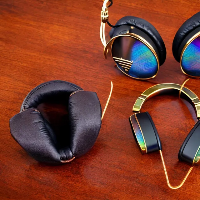 Image similar to masterpiece photo of beautiful hand crafted artistic metal headphones, bismuth rainbow metal, bismuth cups, plush leather pads, displayed on mahogany desk, modernist headphones, bismuth beautiful well designed, hyperrealistic, audiophile, intricate hyper detail, extreme high quality, photographic, audeze, sennheiser, raal, bang olufsen, abyssal