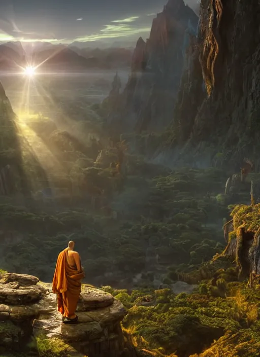 Image similar to a cosmic monk in lord of the rings scenery landscape, looking out at a gigantic temple made of alien architecture, lush valley, sunrise, god's rays, highly detailed, vivid color, cinematic lighting, perfect composition, 8 k, gustave dore, derek zabrocki, greg rutkowski, belsinski, octane render