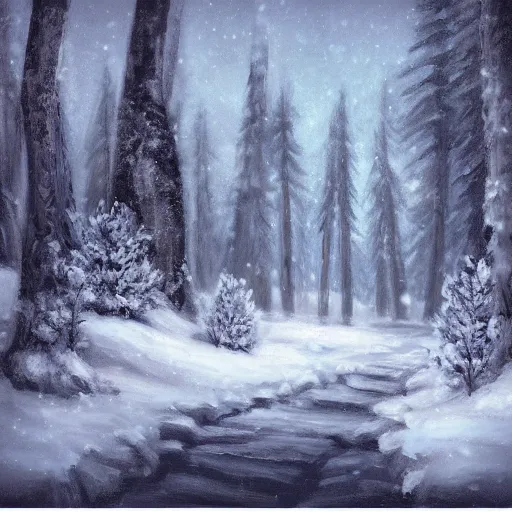 Image similar to winter wonderland, fantasy, white color pallet, campfire, forest trees covered in snow, extremely detailed, by bob ross, falling snow, trending on artstation, 8 k