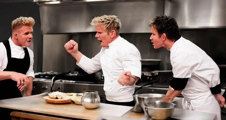 Image similar to photo of angry furious Gordon Ramsay punching Gordon Ramsay at the kitchen