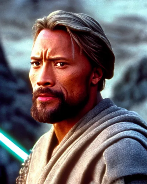 Image similar to Film still close-up shot of Dwayne Johnson as Obi-Wan Kenobi from the movie Return of the Jedi. Photographic, photography